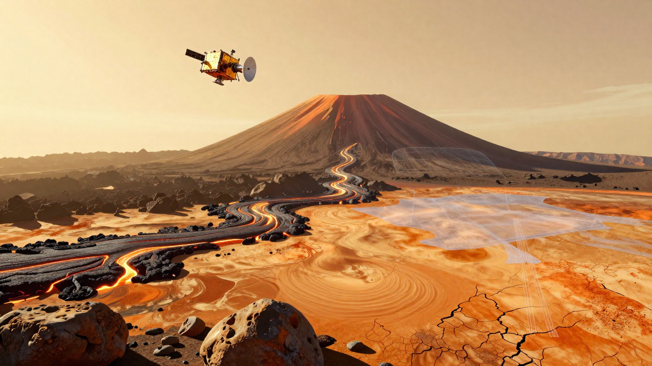 Raumschiff überfliegt eine vulkanische, trockene Marslandschaft mit Lavafluss und Berg im Hintergrund.