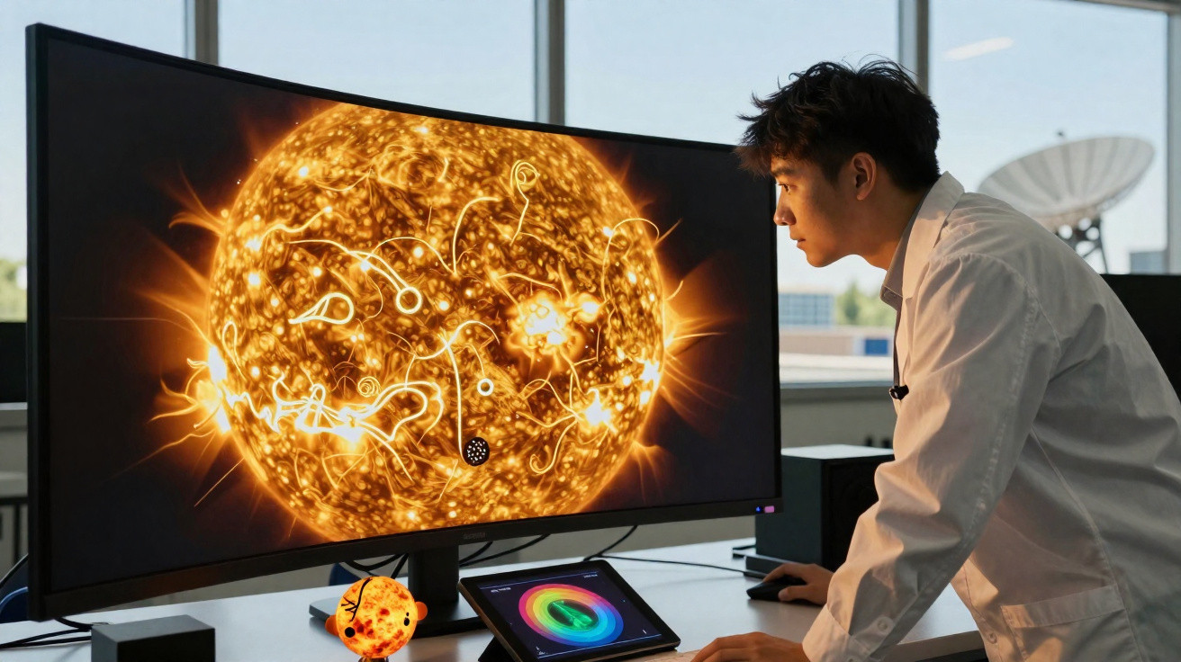 Wissenschaftler im weißen Kittel analysiert leuchtende Sonnenanimation auf großem Monitor in modernem Labor.