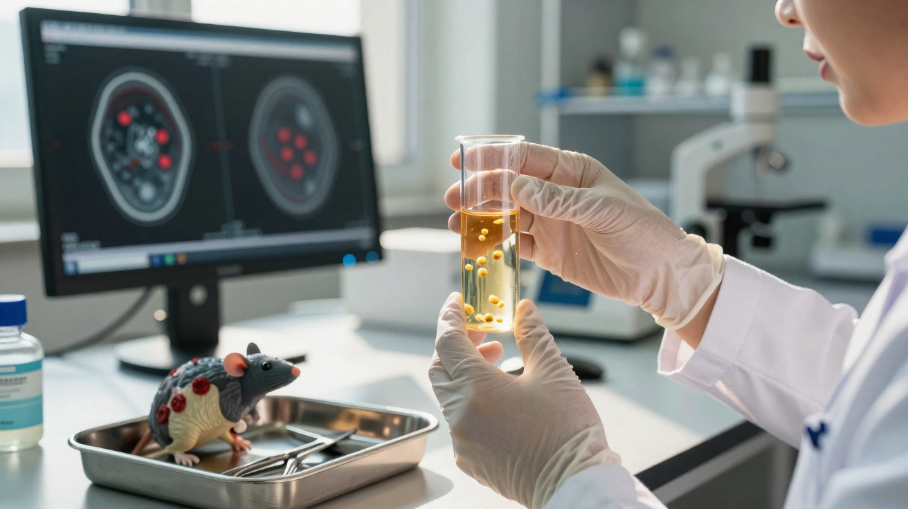 Wissenschaftlerin im Labor hält Reagenzglas mit flüssiger Substanz neben Modell einer markierten Laborratte.