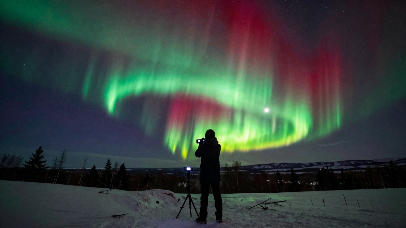 Person fotografiert grün-rotes Nordlicht am Nachthimmel über verschneiter Landschaft mit Bäumen und Bergen