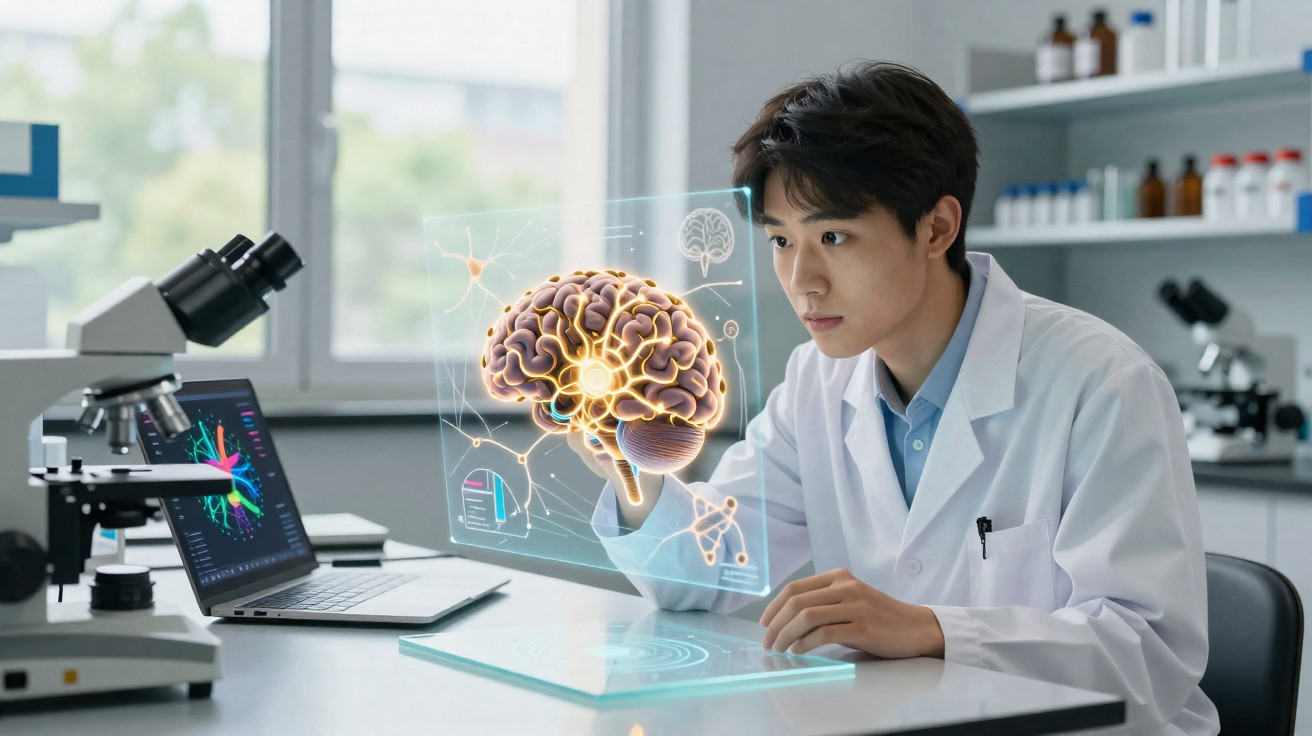 Wissenschaftler im Labor untersucht virtuelles 3D-Modell eines Gehirns mit Mikroskop und Laptop.