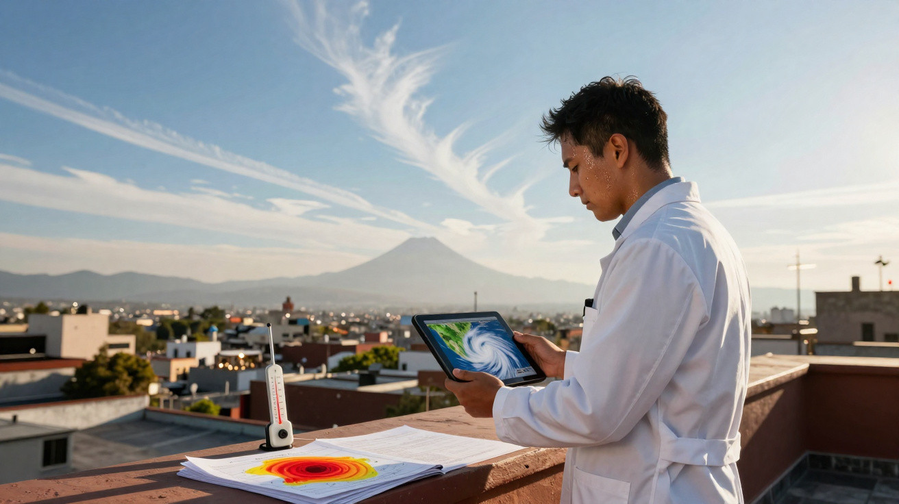 Wissenschaftler mit Tablet und Wetterkarten auf Dachterrasse vor Bergkulisse bei klarem Himmel.