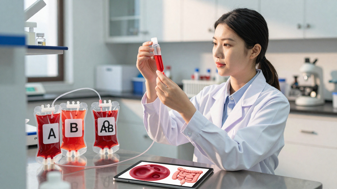 Wissenschaftlerin im Labor untersucht Blutprobe, Blutbeutel mit Blutgruppen und Tablet mit Blut- und Darmgrafik.
