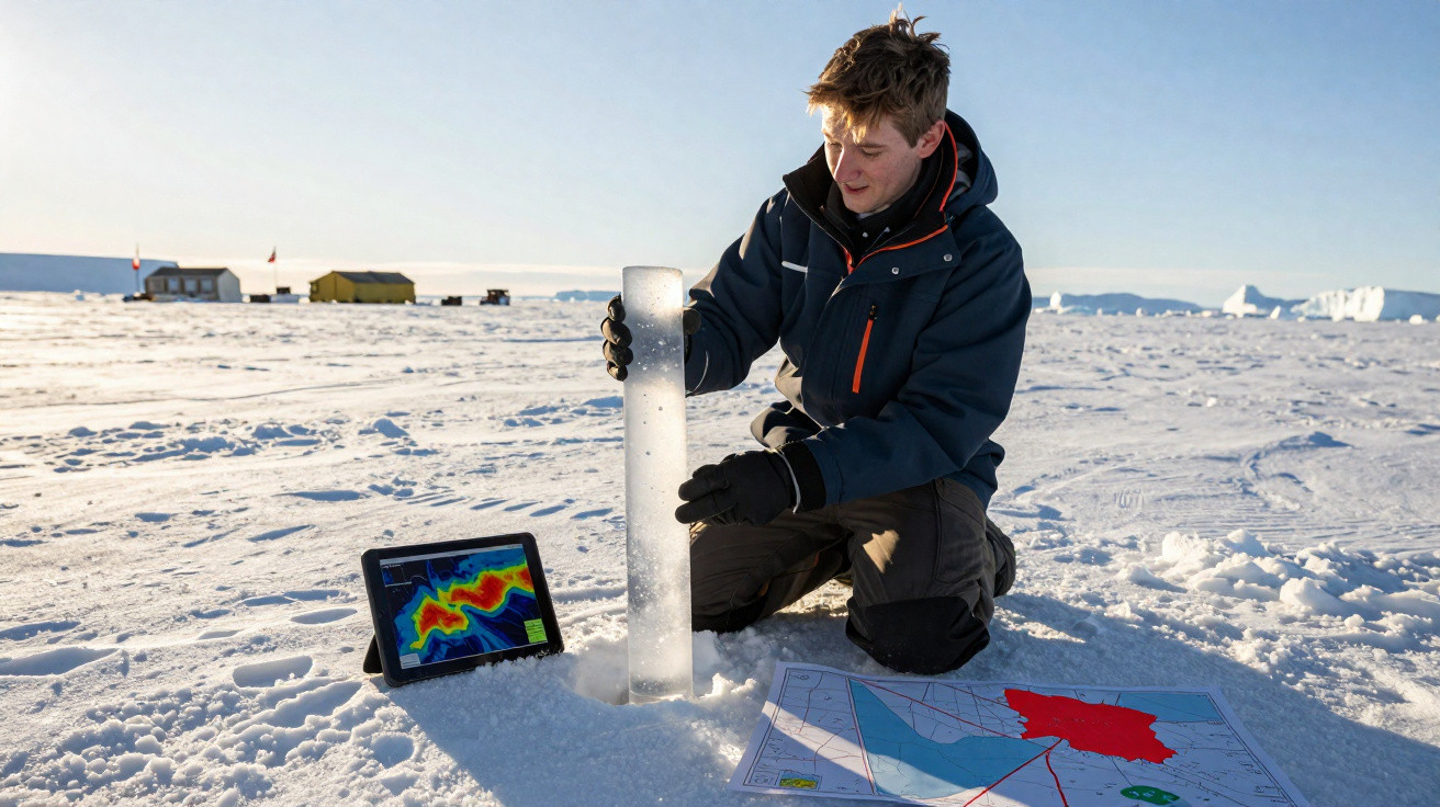 Forscher mit Eiskern und Tablet mit Wärmekarte auf verschneitem Feld, Zelte im Hintergrund.