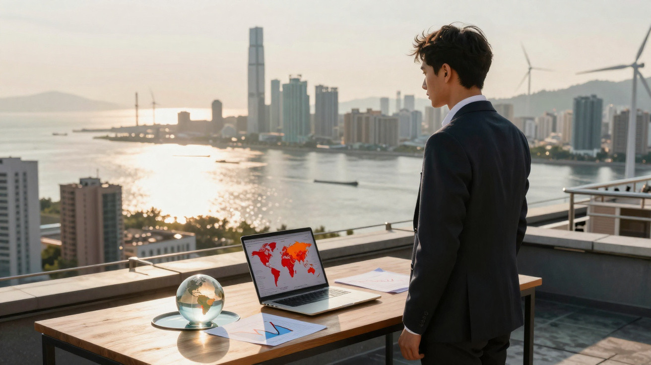 Geschäftsmann auf Dachterrasse schaut auf Laptop mit Weltkarte, Sonnenuntergang über Stadt und Meer im Hintergrund.