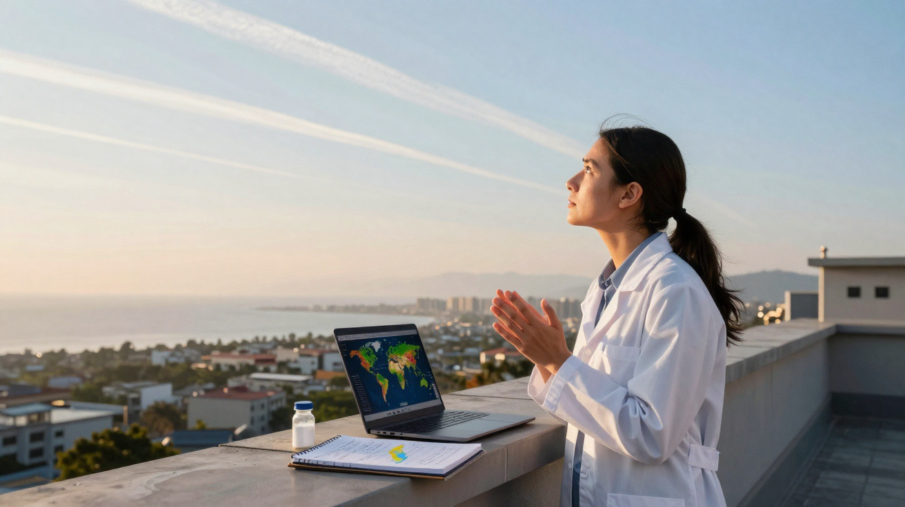 Frau im weißen Kittel auf Balkon mit Laptop, Karte der Welt und Notizblock bei Sonnenuntergang.
