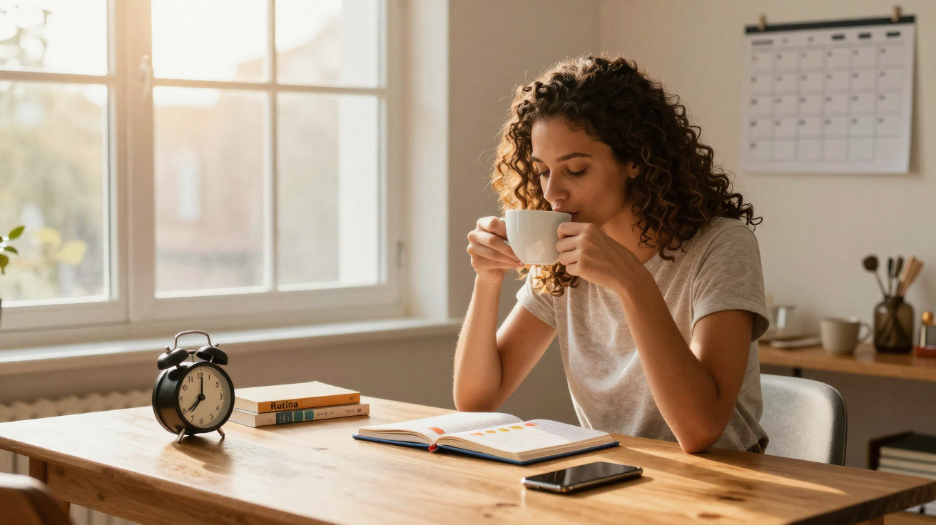 Frau mit lockigem Haar trinkt Kaffee am Tisch, davor offene Notizen, Wecker und Smartphone.