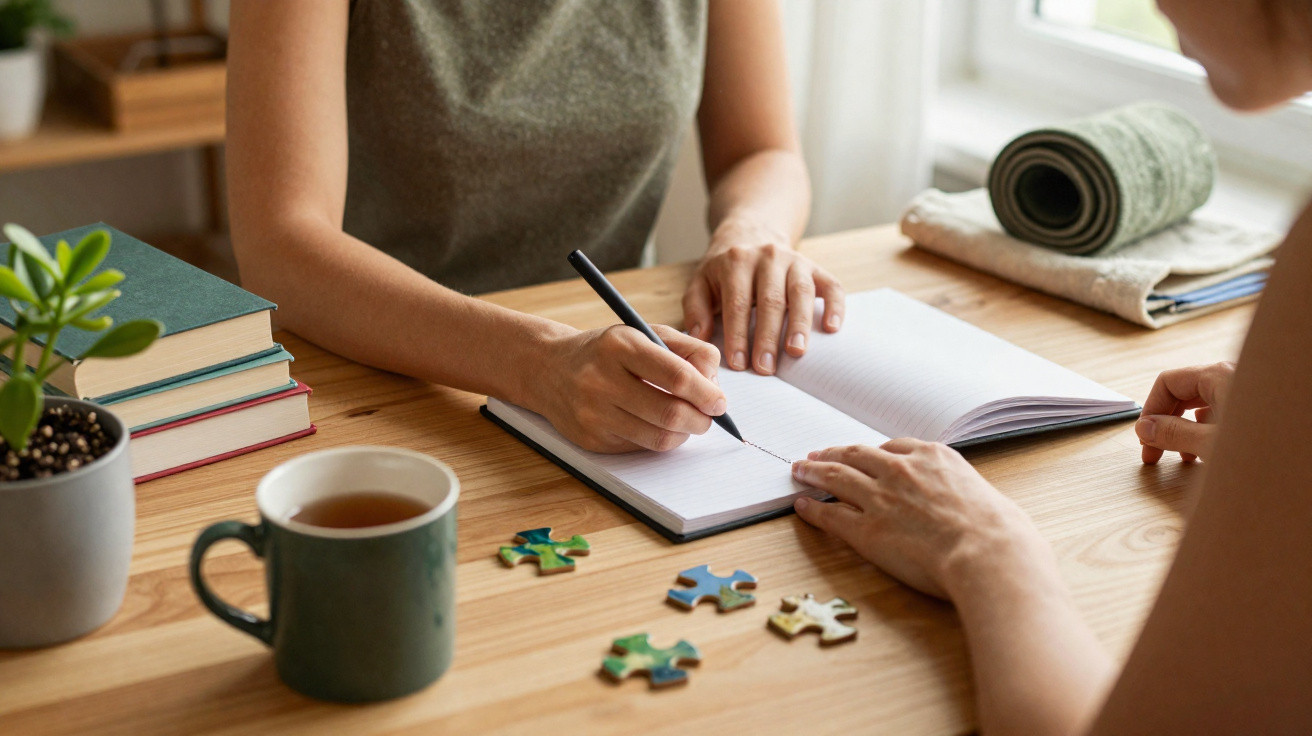Zwei Personen sitzen am Tisch, eine schreibt im Notizbuch, daneben liegen Puzzle-Teile und eine Tasse Tee.