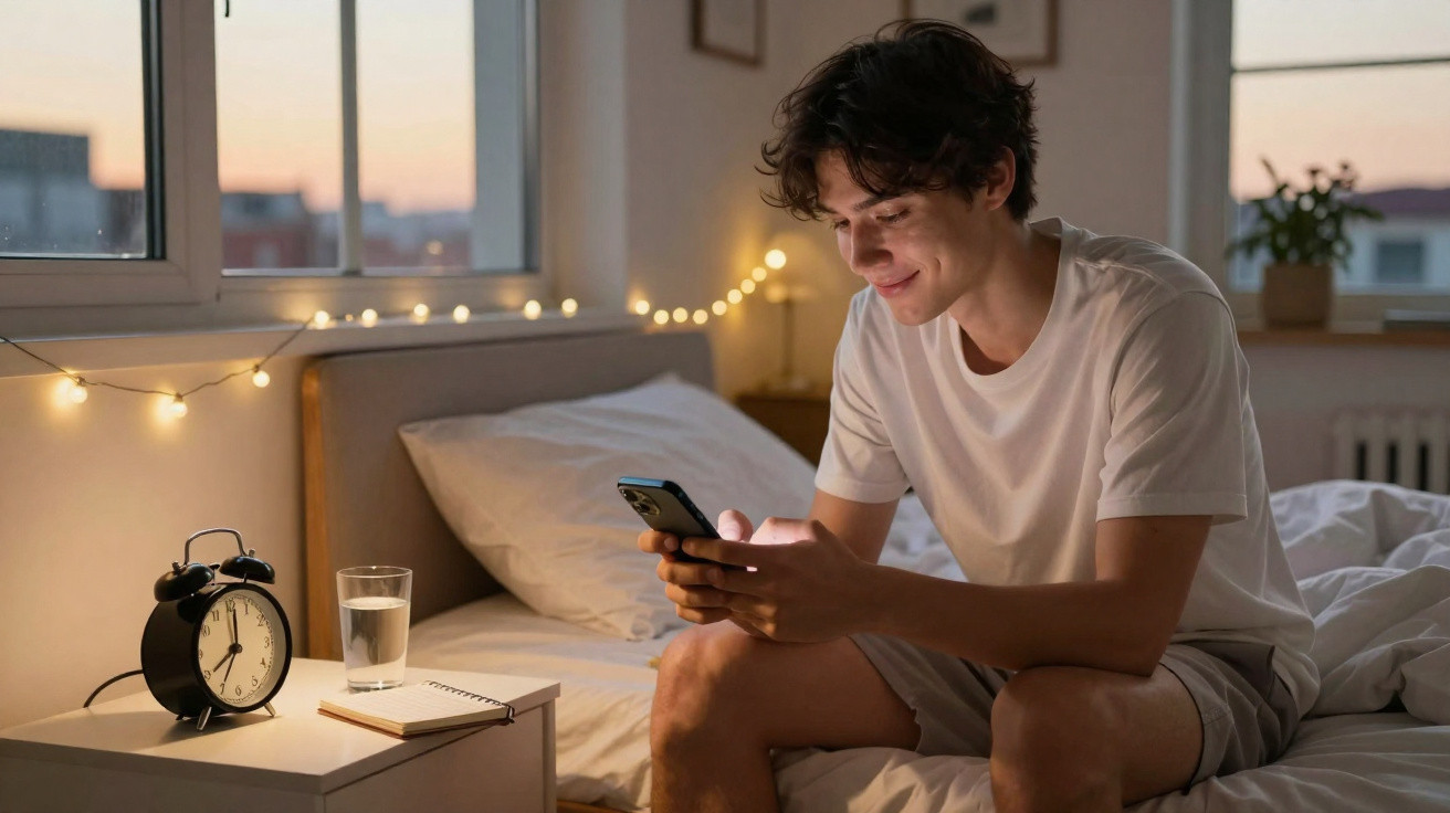 Junger Mann im Schlafzimmer vor Sonnenaufgang sitzt im Bett und schaut lächelnd auf sein Smartphone.