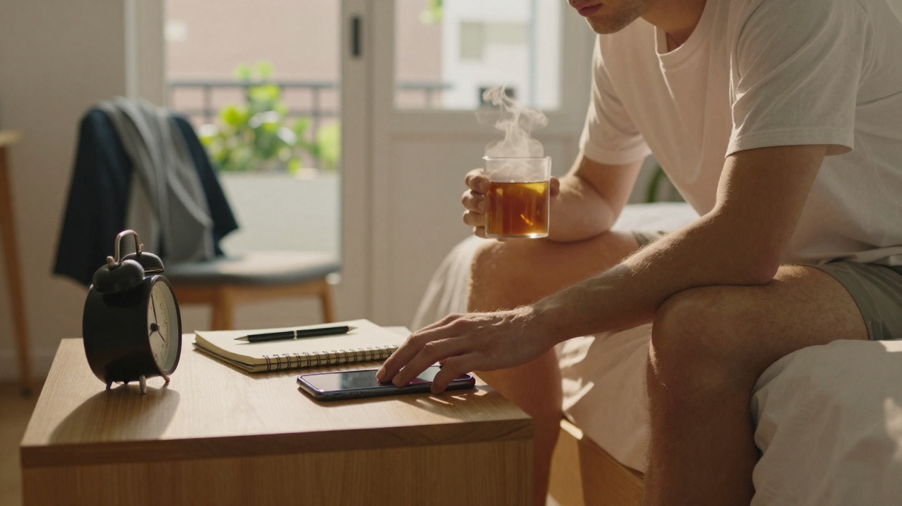 Mann sitzt am Bett, hält dampfende Tasse Tee und berührt Handy auf Nachttisch mit Wecker und Notizbuch.