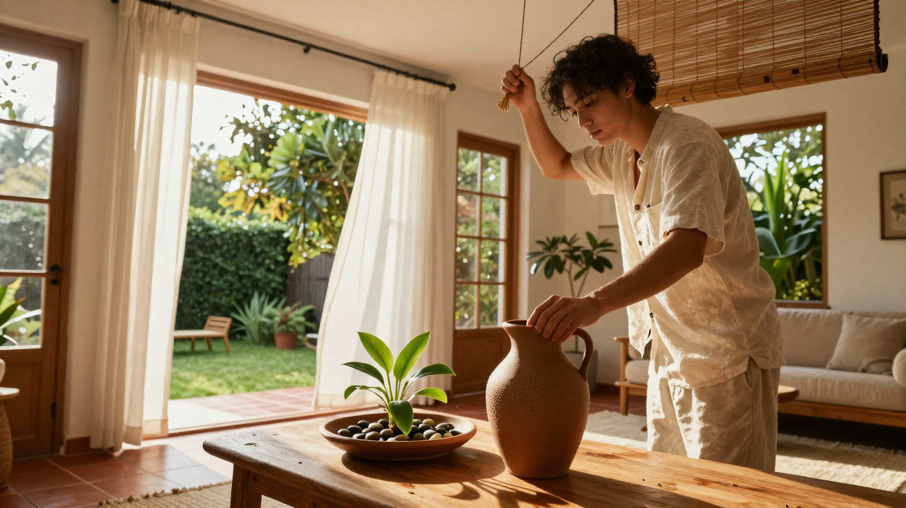 Junger Mann zieht eine Schnur und bewahrt eine Vase auf einem Holztisch in sonnigem Wohnzimmer auf.