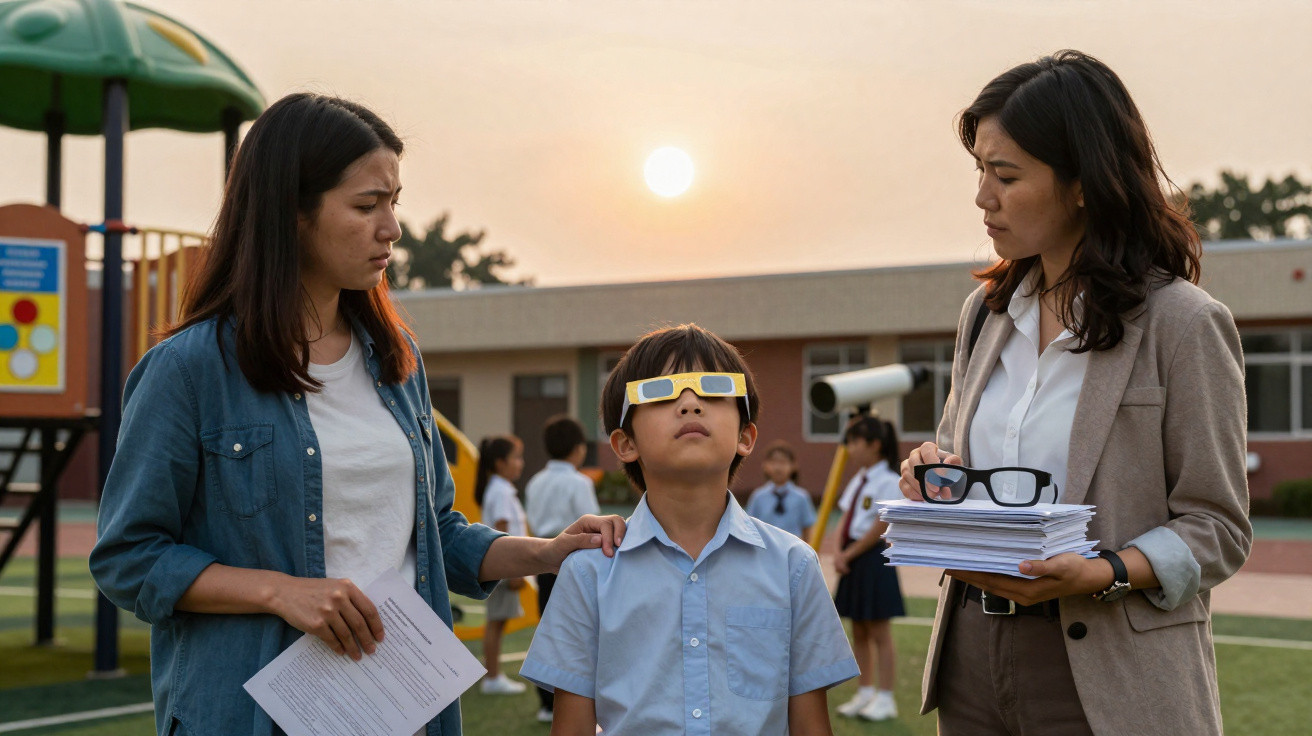 Junge trägt Schutzbrille zur Sonnenbeobachtung, begleitet von zwei Frauen auf Schulhof bei Sonnenuntergang.
