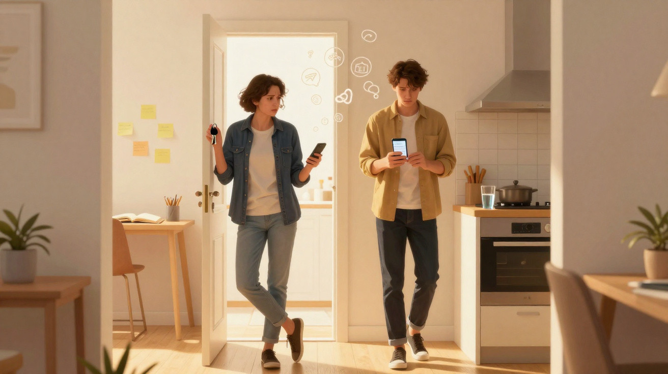 Zwei junge Erwachsene mit Smartphones in modern eingerichteter Küche, digitale Symbole schweben neben ihnen.