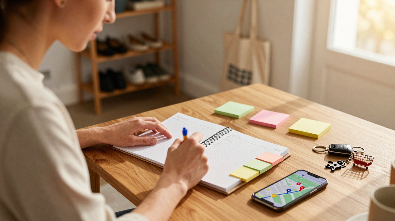 Person sitzt am Holztisch, schreibt in Notizbuch, Smartphone mit Karten-App und bunte Haftnotizen am Tisch.