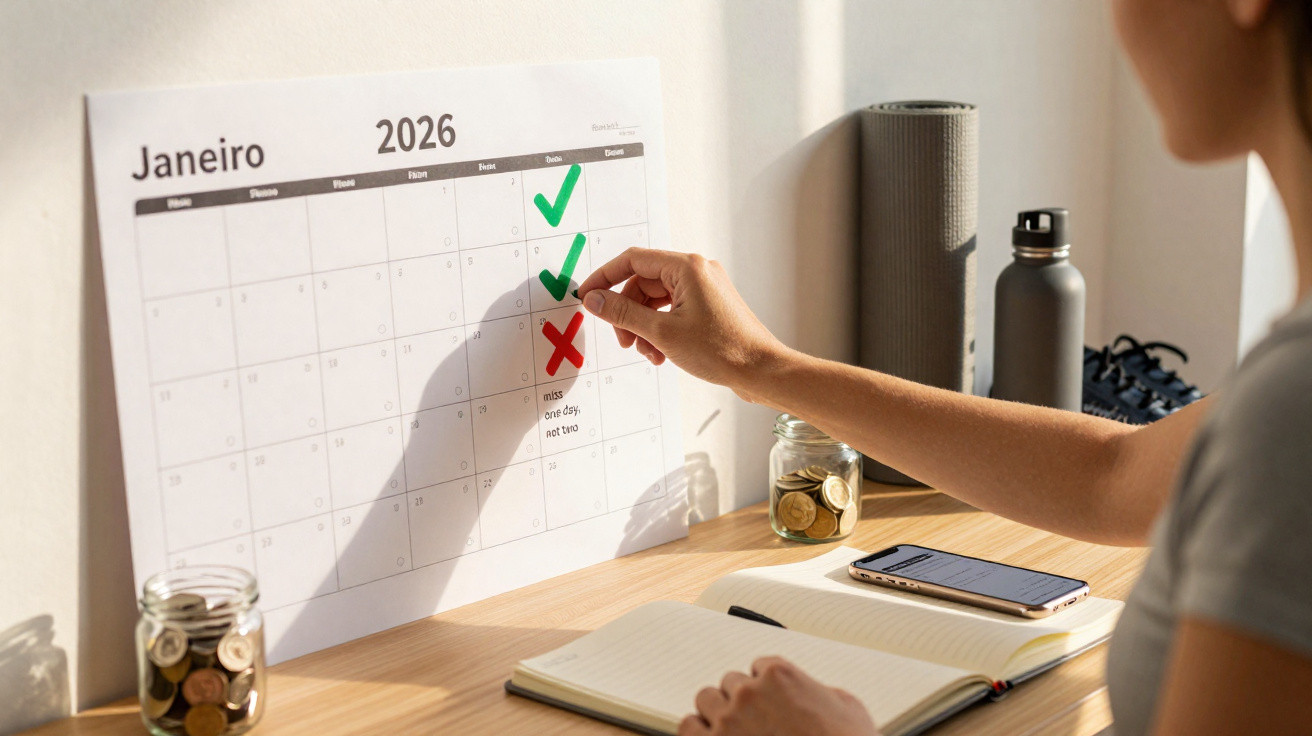 Person markiert Tage im Kalender für Jänner 2026 mit grünem Haken und rotem Kreuz neben einem Schreibtisch.