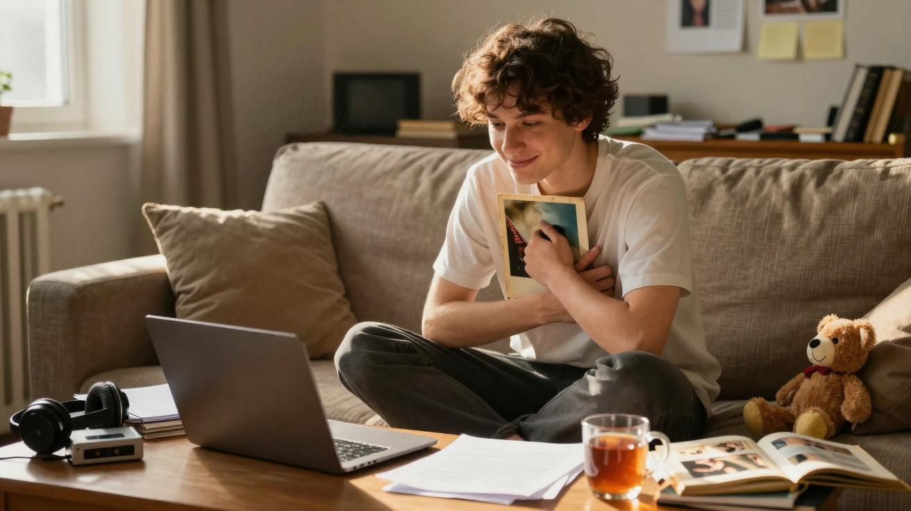 Junger Mann sitzt auf Sofa, hält Foto in den Armen und schaut lächelnd auf Laptop, gemütliches Wohnzimmer.