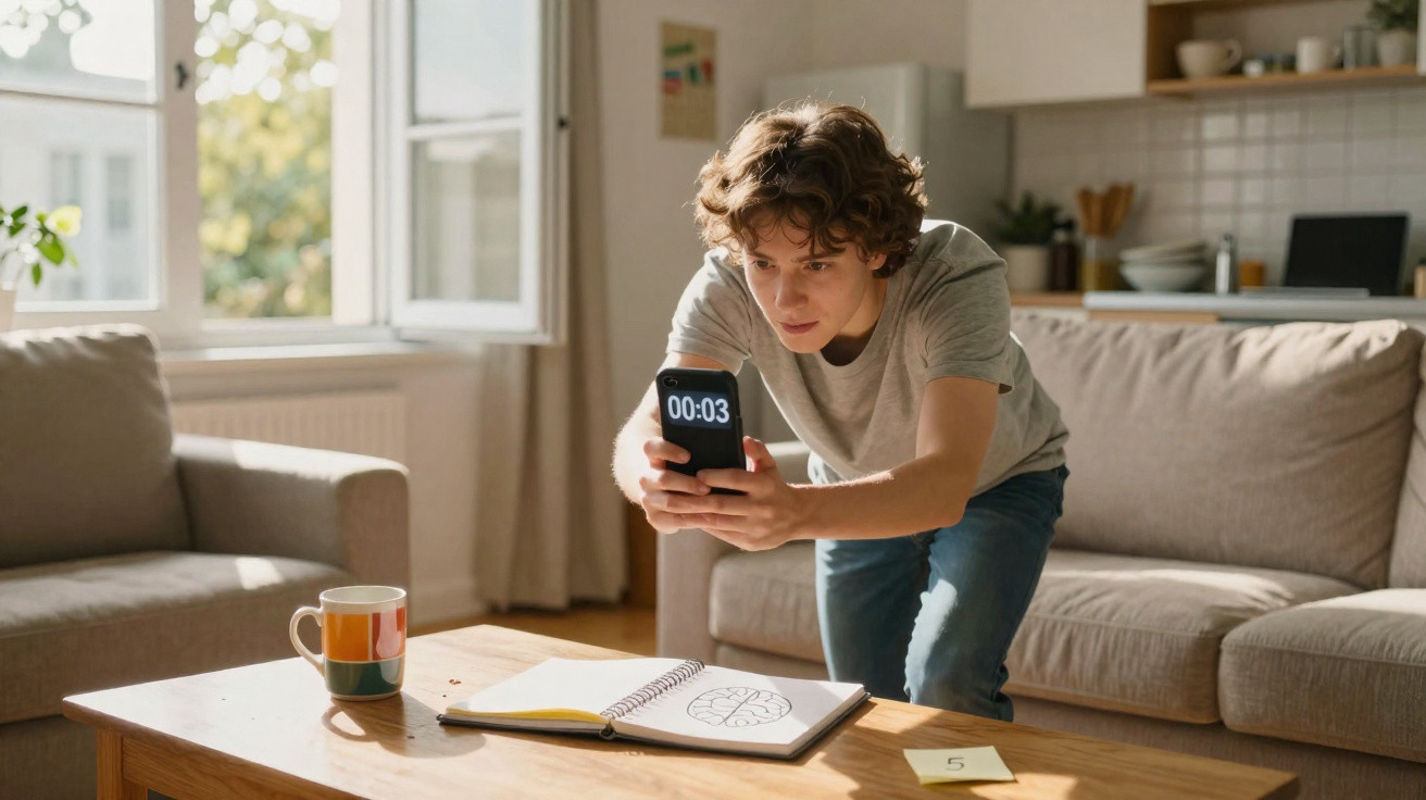 Junger Mann macht Foto von Uhr auf Smartphone in hellem Wohnzimmer mit Sofa und Notizbuch auf Tisch.