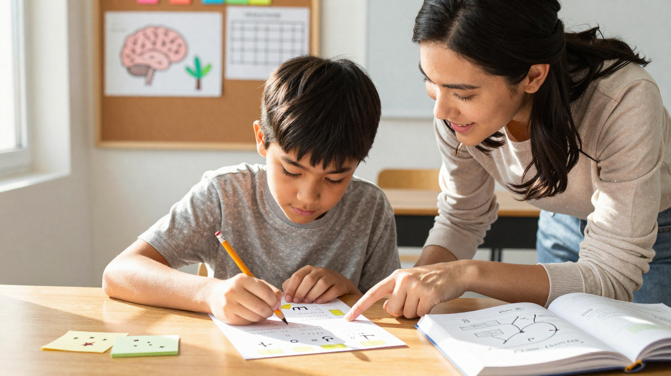 Lehrerin hilft Grundschülern beim Rechnen, sitzt gemeinsam am Schreibtisch mit Büchern und Arbeitsblatt.
