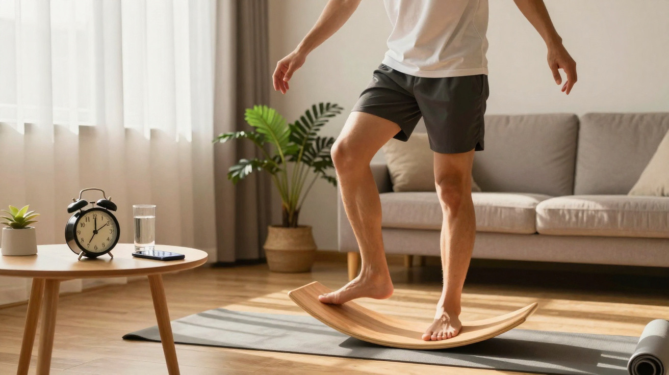 Person trainiert mit Balance-Board barfuß auf Yogamatte im hellen Wohnzimmer mit Sofa und Pflanze im Hintergrund.
