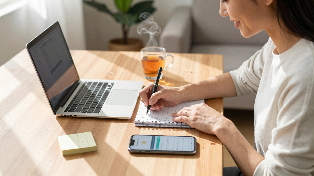 Frau arbeitet im hellen Raum, schreibt Notizen, Laptop, Smartphone und dampfende Teetasse am Holztisch.