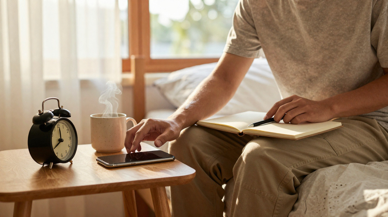 Person sitzt am Bett mit Notizbuch, Wecker, dampfender Tasse und berührt Smartphone am Holz-Tisch.