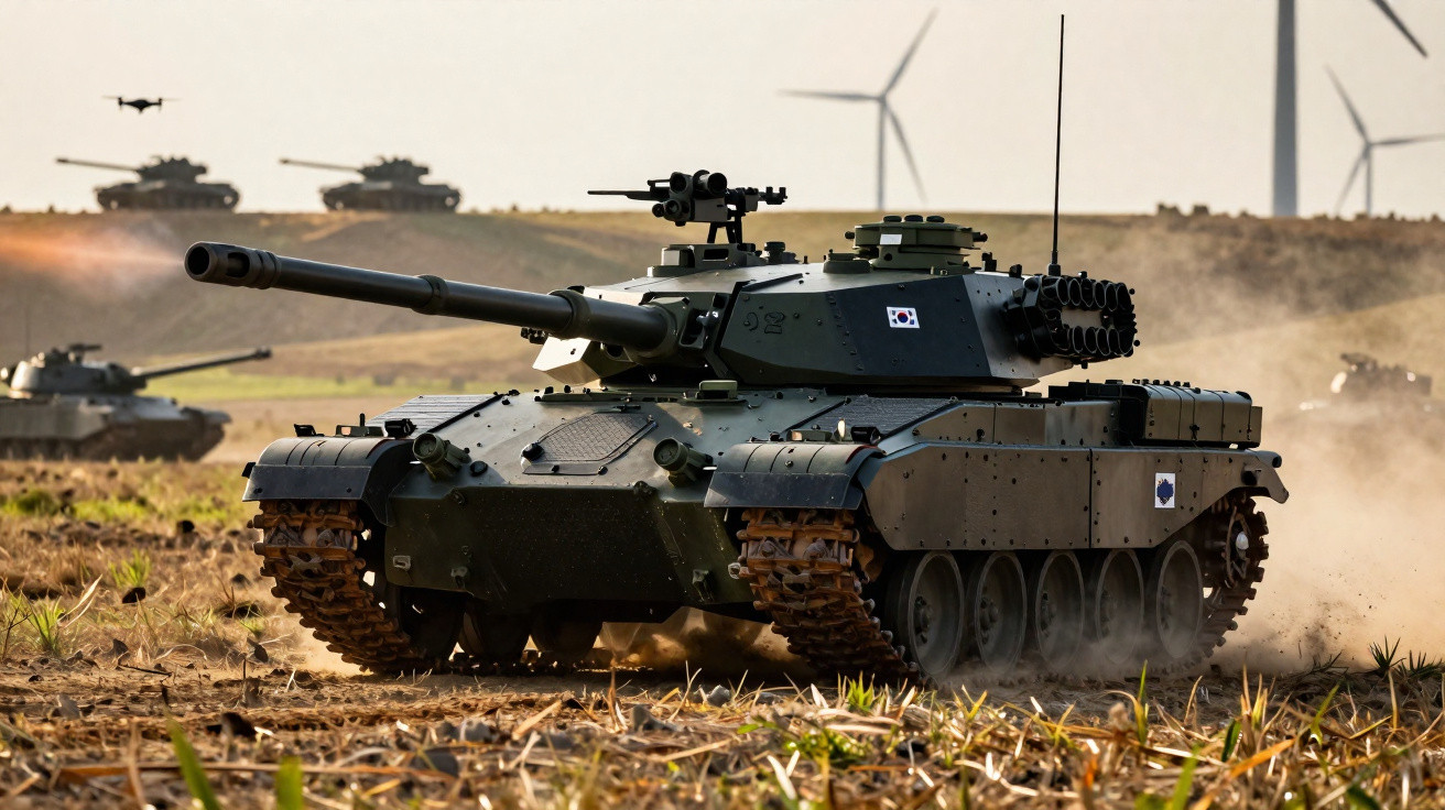 Moderner Kampfpanzer mit südkoreanischer Flagge fährt über staubiges Gelände, Windräder und weitere Panzer im Hintergrund.