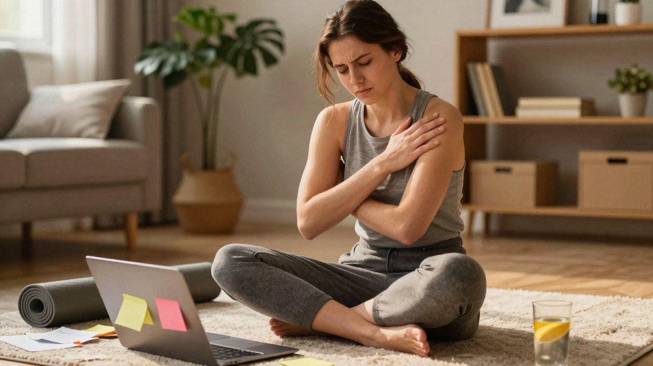 Frau sitzt auf Teppich, hält schmerzenden Arm, Laptop, Yoga-Matte und Glas Wasser im Wohnzimmer sichtbar.