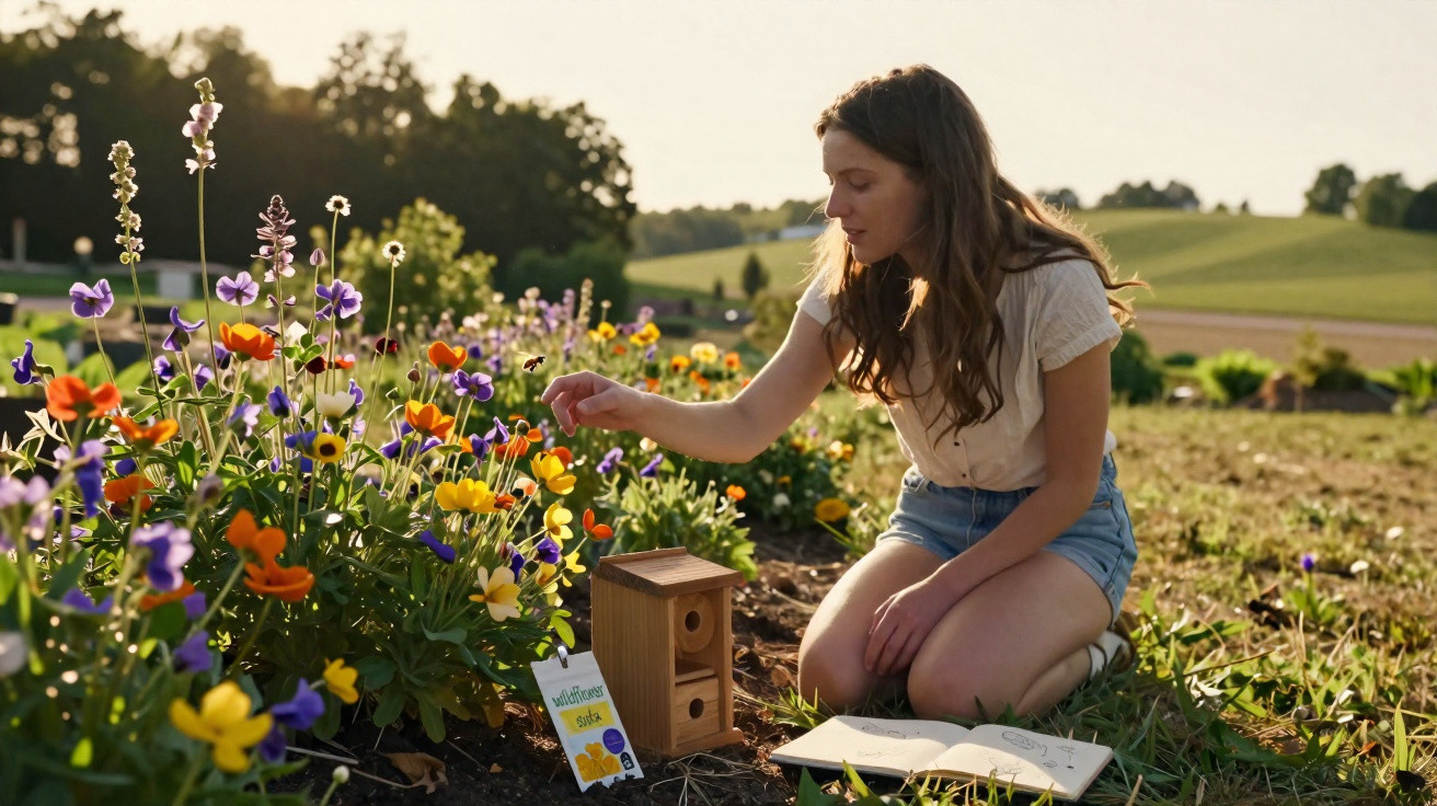 Frau kniet in blühendem Garten, pflanzt Blumen und hat Vogelhaus und Notizbuch am Boden liegen.