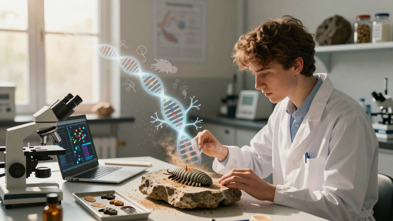 Junger Forscher im Labor untersucht Fossil mit digitaler DNA-Darstellung und moderner Technik.