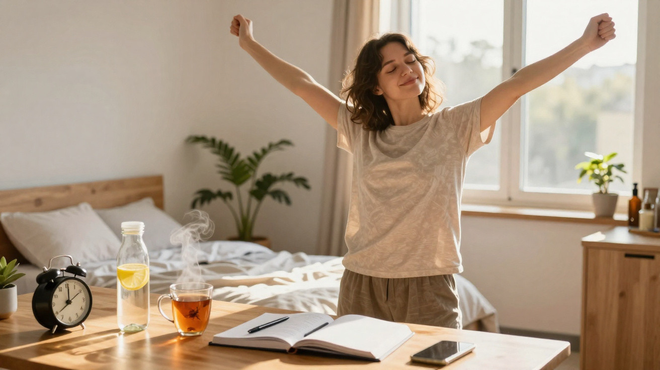 Frau streckt sich morgens am Tisch mit Tee, Buch und Smartphone im hellen Schlafzimmer.