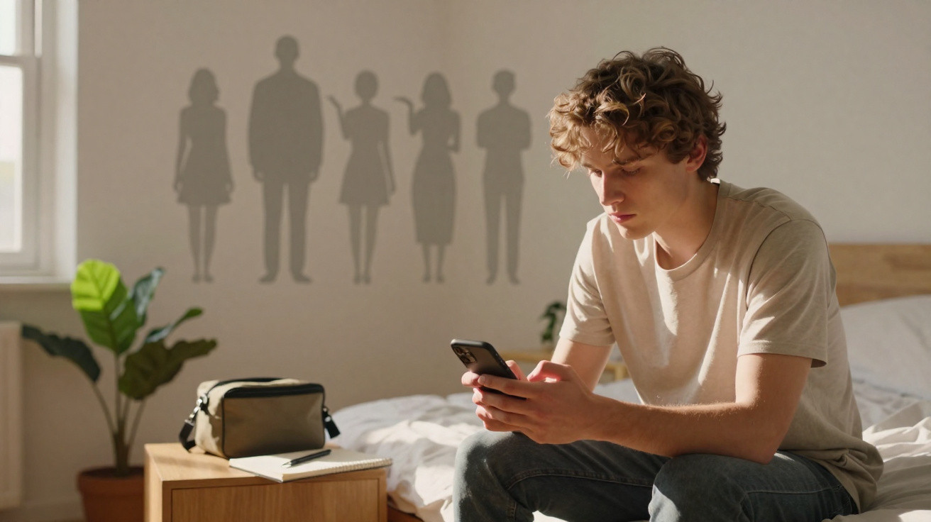 Junger Mann sitzt auf einem Bett und blickt nachdenklich auf sein Smartphone in hellem Zimmer mit Schattengestalten an der Wa