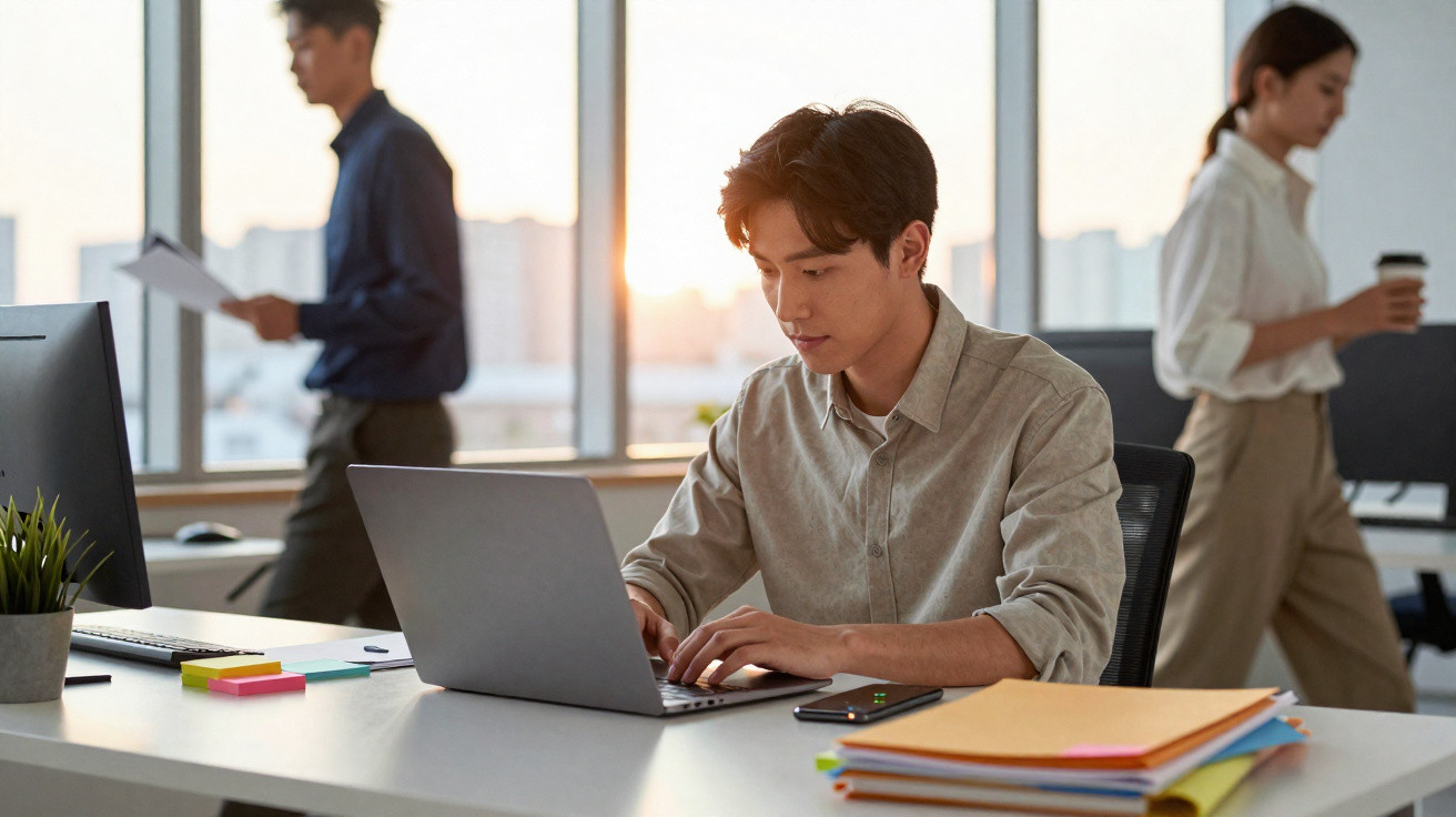Junger Mann arbeitet konzentriert an Laptop im modernen Büro, Kollegen im Hintergrund gehen vorbei.