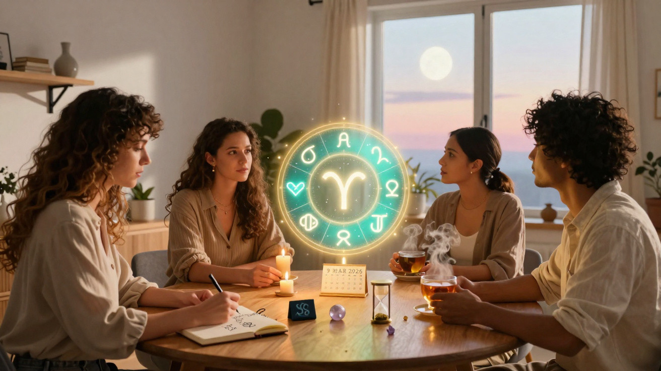 Vier junge Personen sitzen am Tisch bei Kerzenlicht, diskutieren Horoskopzeichen und Astrologie.