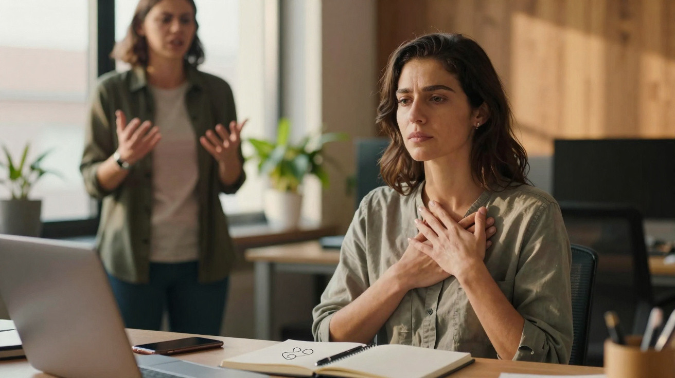 Zwei Frauen im Büro, eine steht gestikulierend, die andere sitzt betroffen mit Händen auf der Brust.