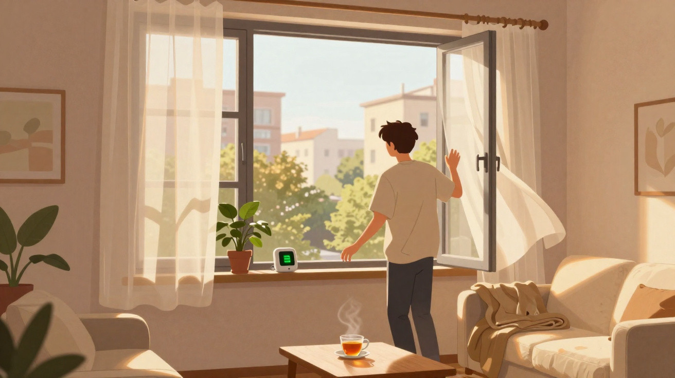Person öffnet Fenster in einem sonnigen Wohnzimmer mit Pflanzen und Tee auf dem Tisch.