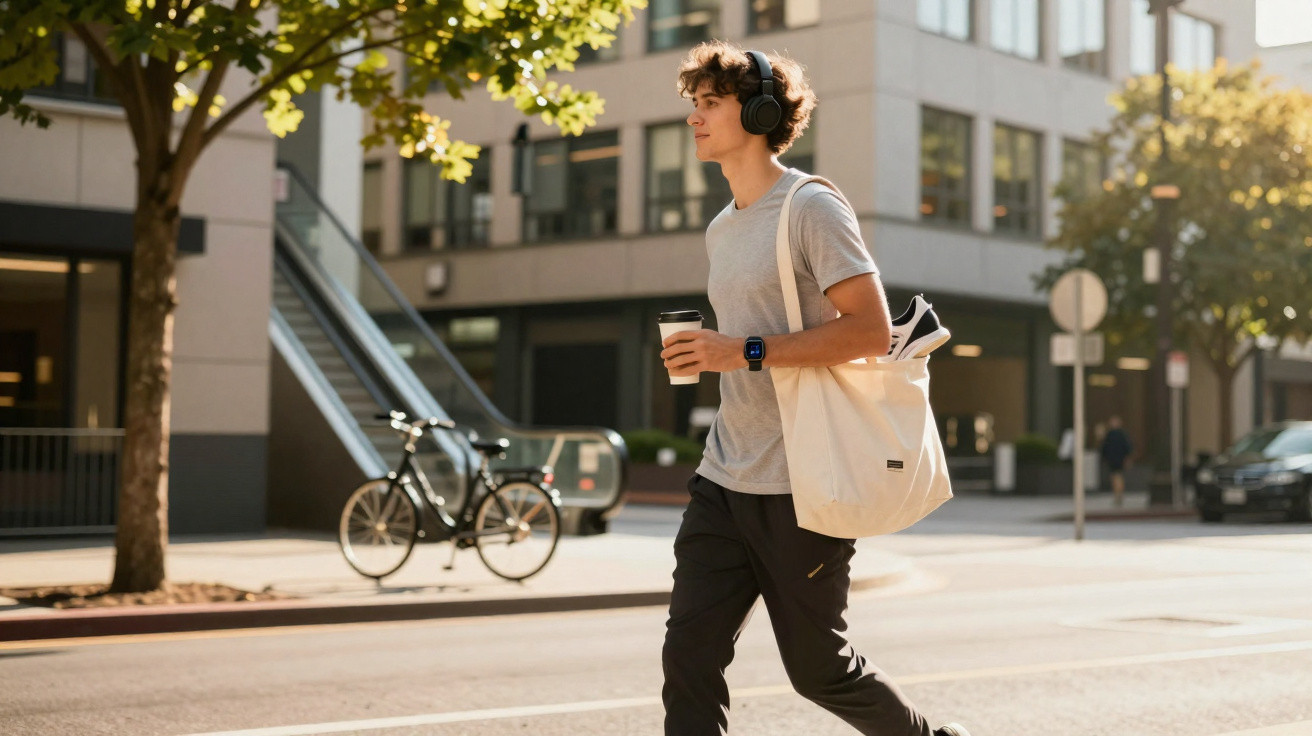 Junger Mann mit Kopfhörern, trägt Tasche mit Schuhen und hält einen Coffee-to-go auf der Straße in der Stadt.