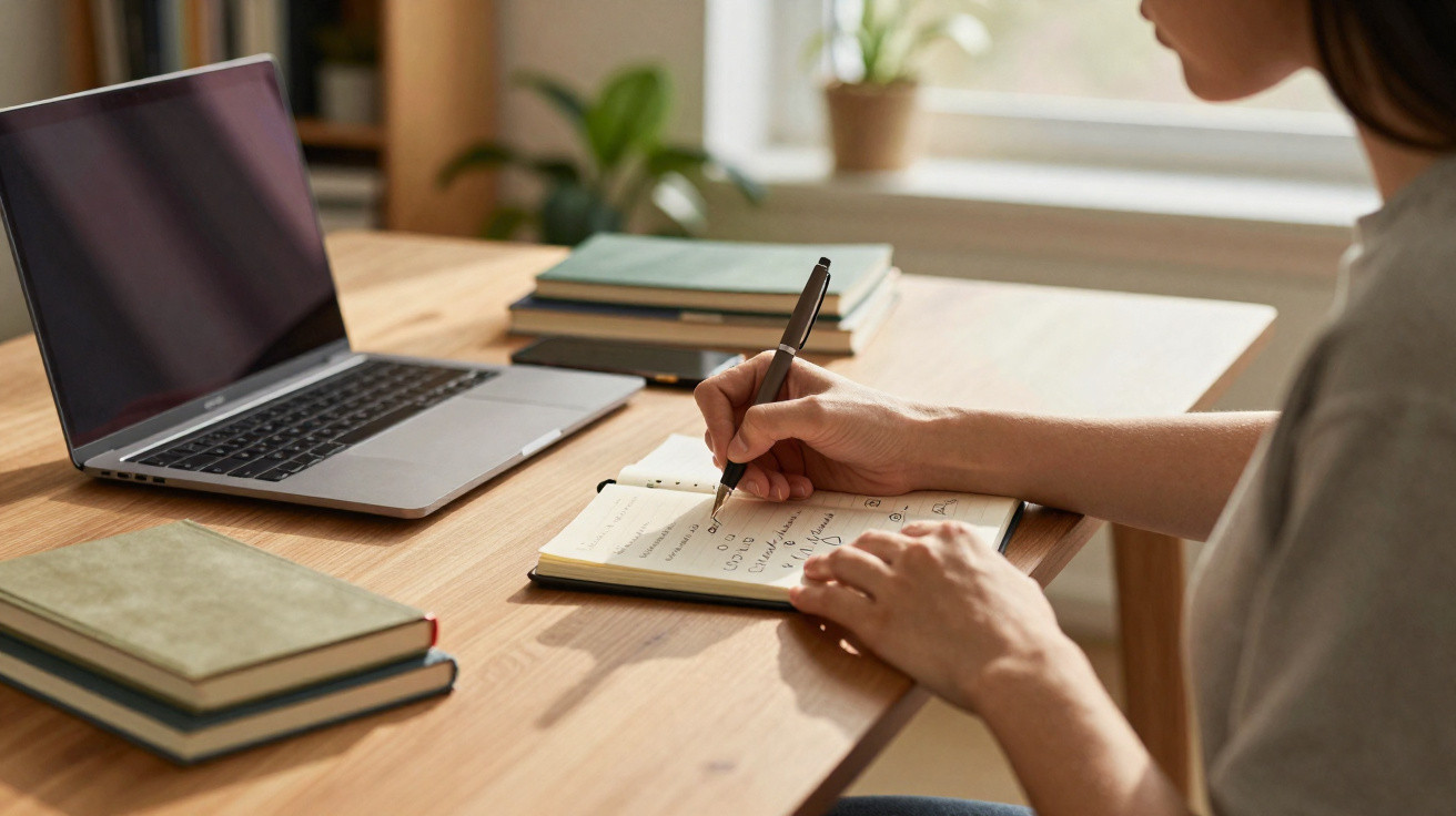 Person sitzt am Tisch mit Laptop und schreibt Notizen in ein Notizbuch, im Hintergrund Bücher und Pflanze.