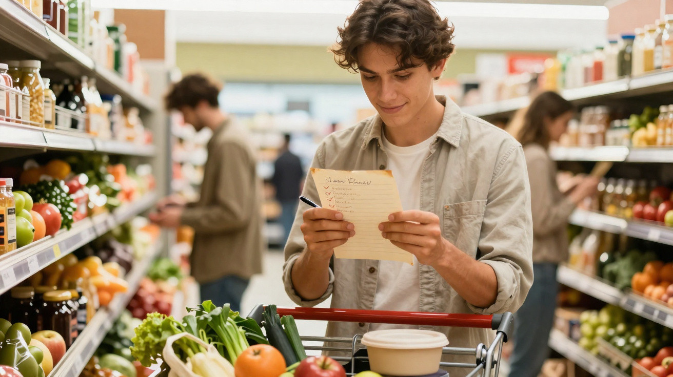 Junger Mann liest Einkaufsliste im Supermarkt, Einkaufswagen gefüllt mit frischem Gemüse und Obst.