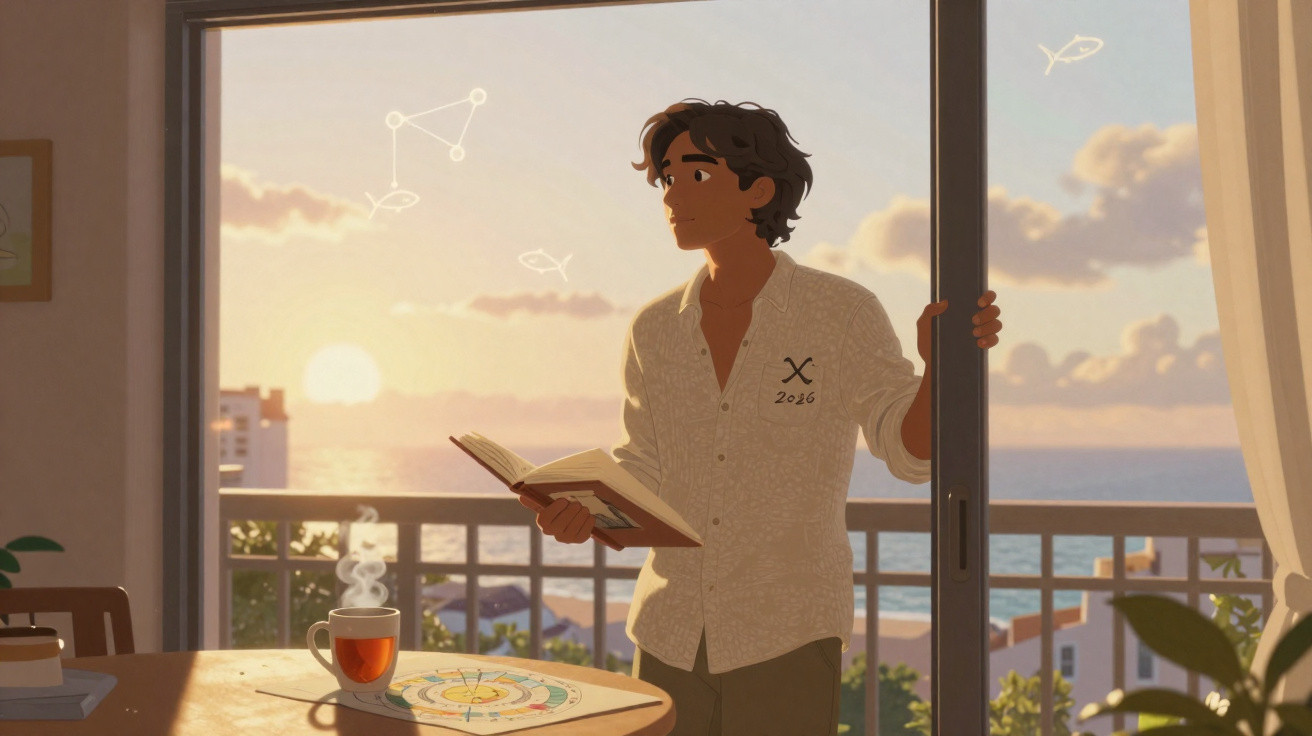 Junger Mann steht mit Buch auf Balkon, Sonnenuntergang über Meer und Sternbild am Himmel sichtbar.