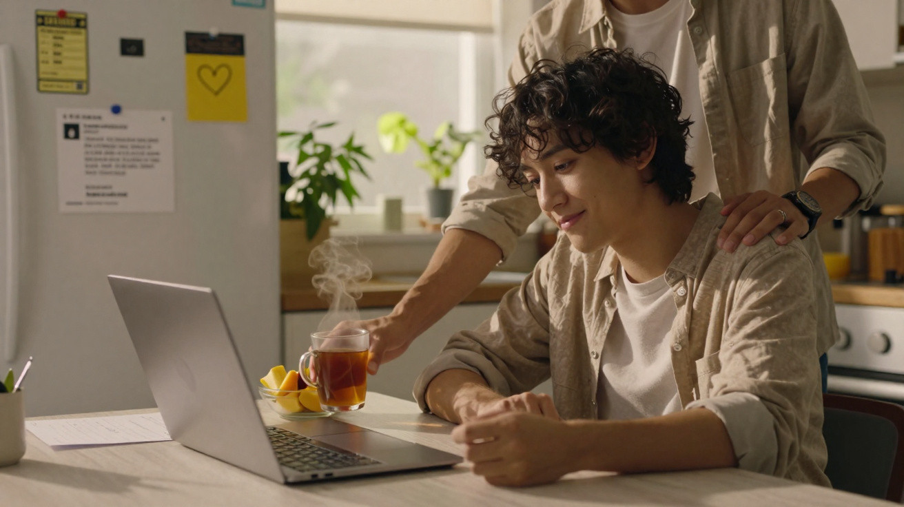Zwei Personen in der Küche, eine sitzt am Laptop, die andere stellt dampfenden Tee auf den Tisch.
