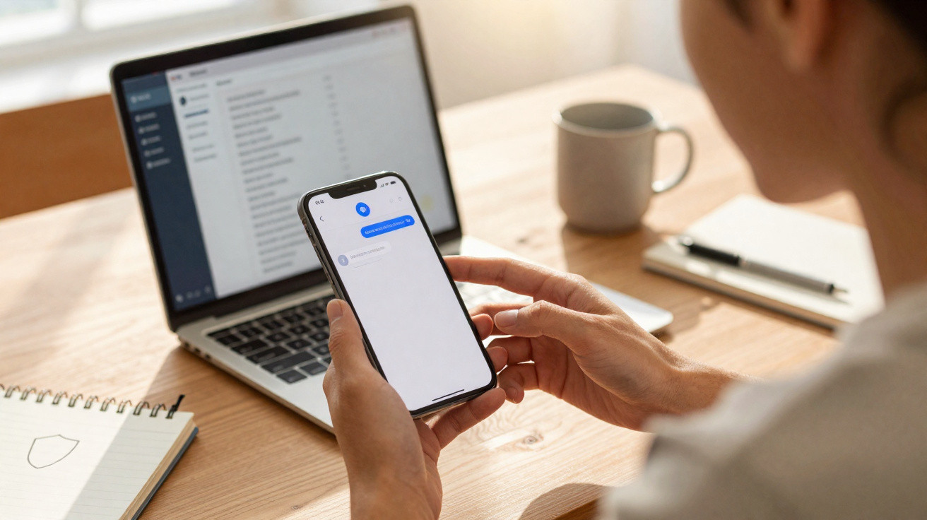 Person hält Smartphone mit geöffneter Chat-App, Laptop und Notizblock liegen auf hellem Holztisch neben Kaffeetasse.