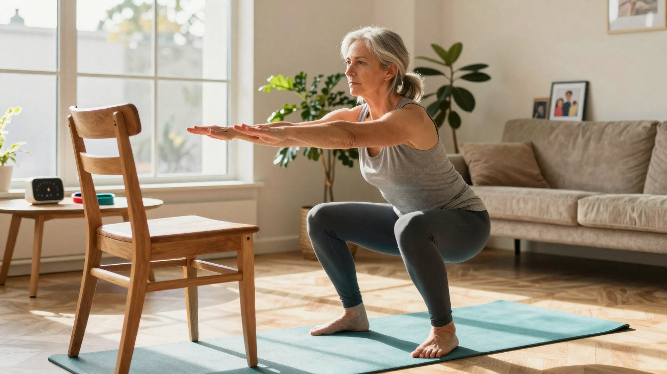 Ältere Frau macht Kniebeugen mit Stuhl zur Unterstützung in hellem Wohnzimmer auf Yogamatte.