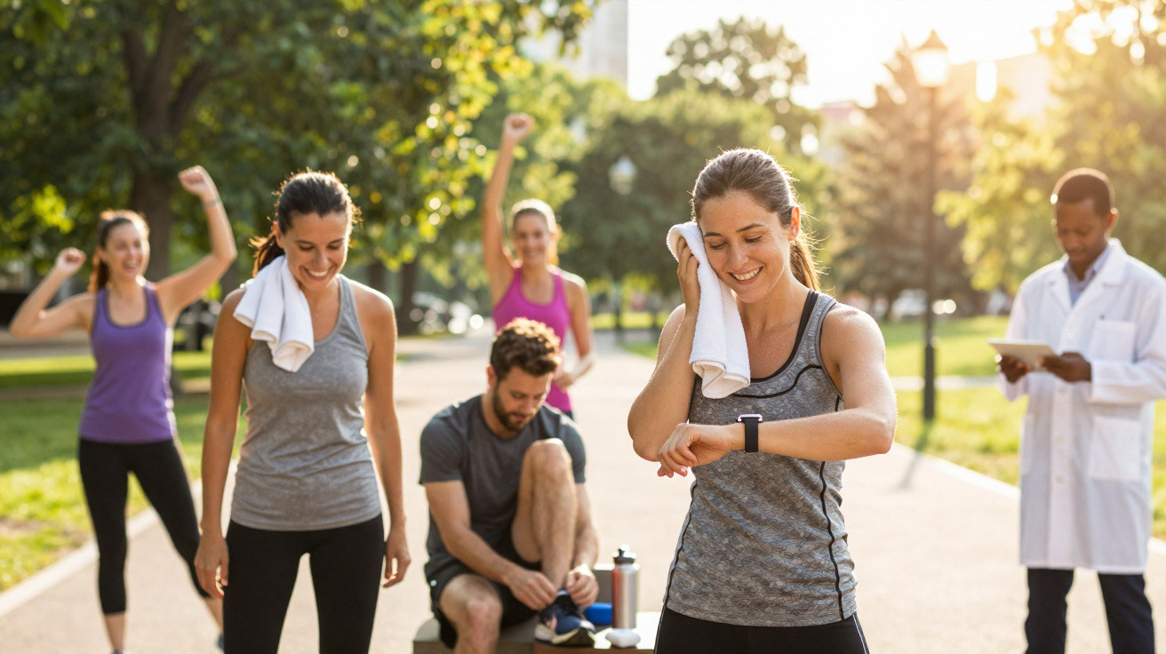 Gruppe von Sportlern im Park, eine Frau checkt ihre Smartwatch, im Hintergrund Arzt mit Tablet.