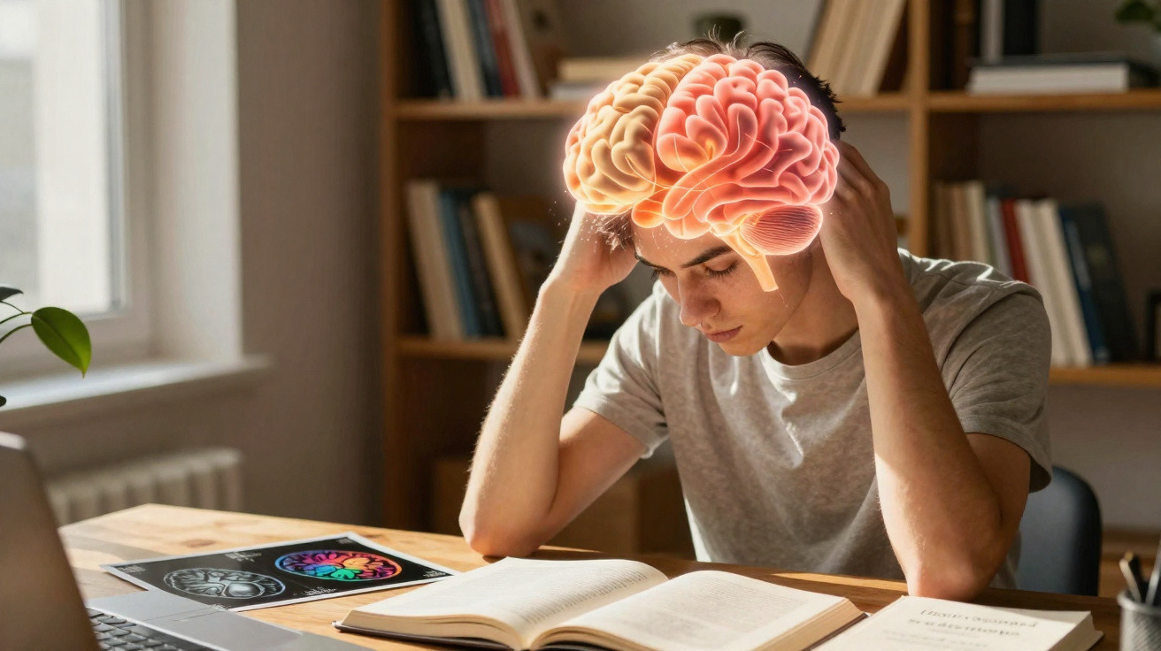 Junger Mann sitzt am Tisch, hält den Kopf und eine digitale Gehirnillustration über seinem Kopf symbolisiert Konzentration.
