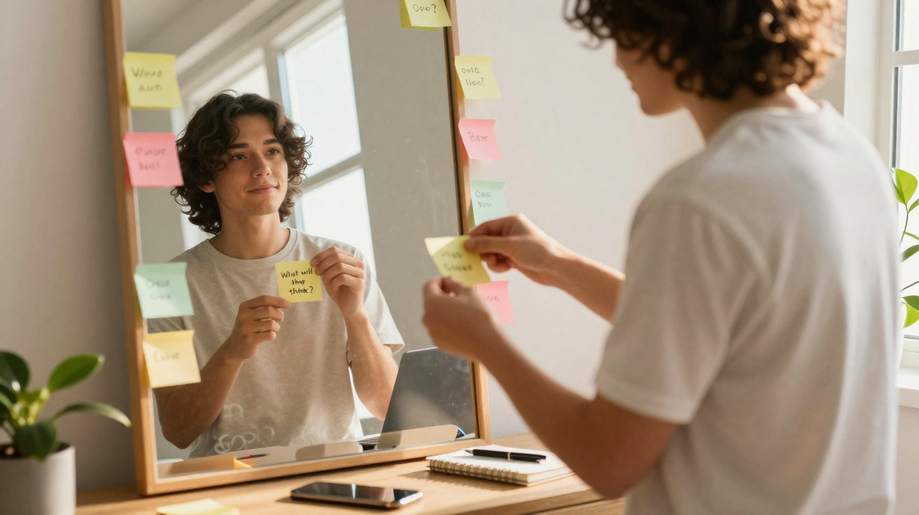 Junge Person steht vor Spiegel mit vielen Post-it-Zetteln, hält selbst einen Zettel in der Hand.