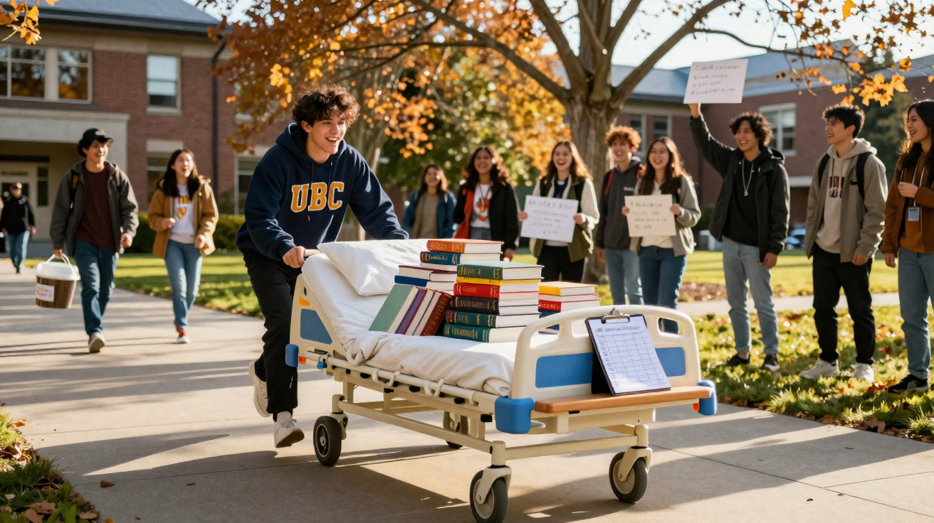 Student schiebt ein Krankenhausbett mit Büchern, umgeben von jubelnden Freunden im Herbst auf dem Campus.