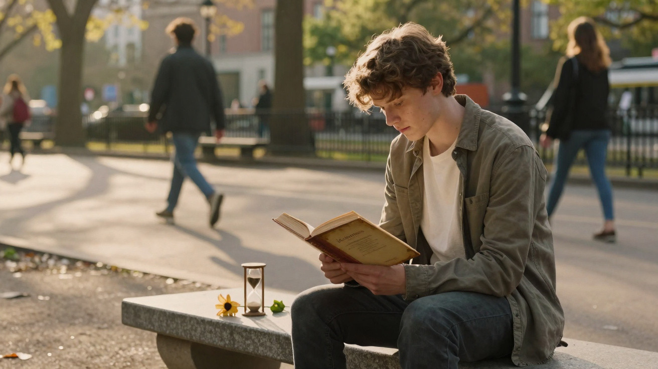 Junger Mann sitzt auf Parkbank und liest Buch, im Hintergrund spazieren Personen bei sonnigem Wetter.