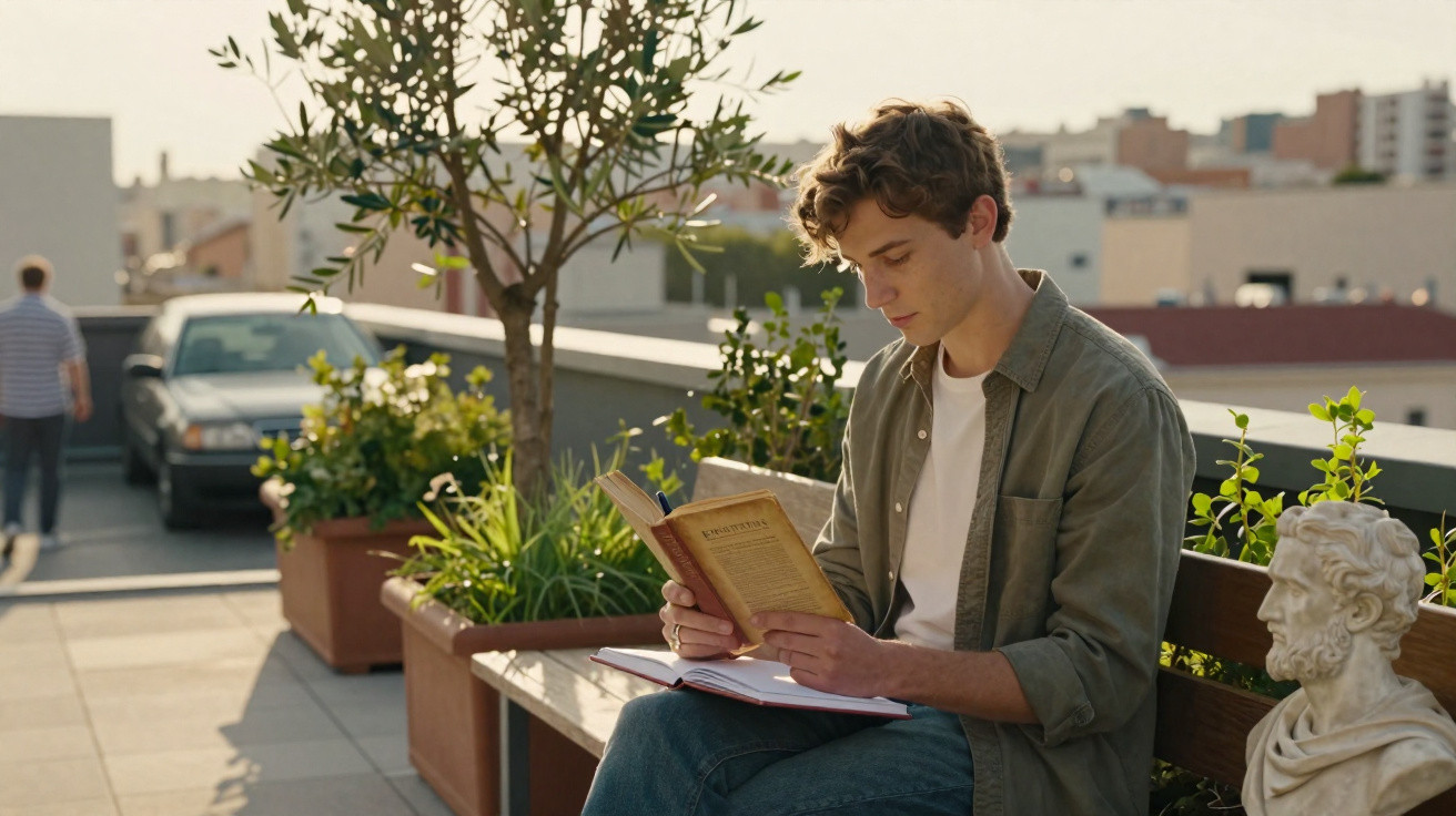 Junger Mann sitzt auf einer Bank am Dach und liest ein Buch bei Tageslicht, umgeben von Pflanzen.