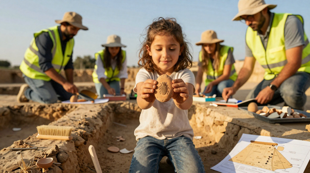 Kind hält archäologischen Fund, im Hintergrund Forscher mit Sicherheitswesten bei Ausgrabung in sonniger Wüstenlandschaft.