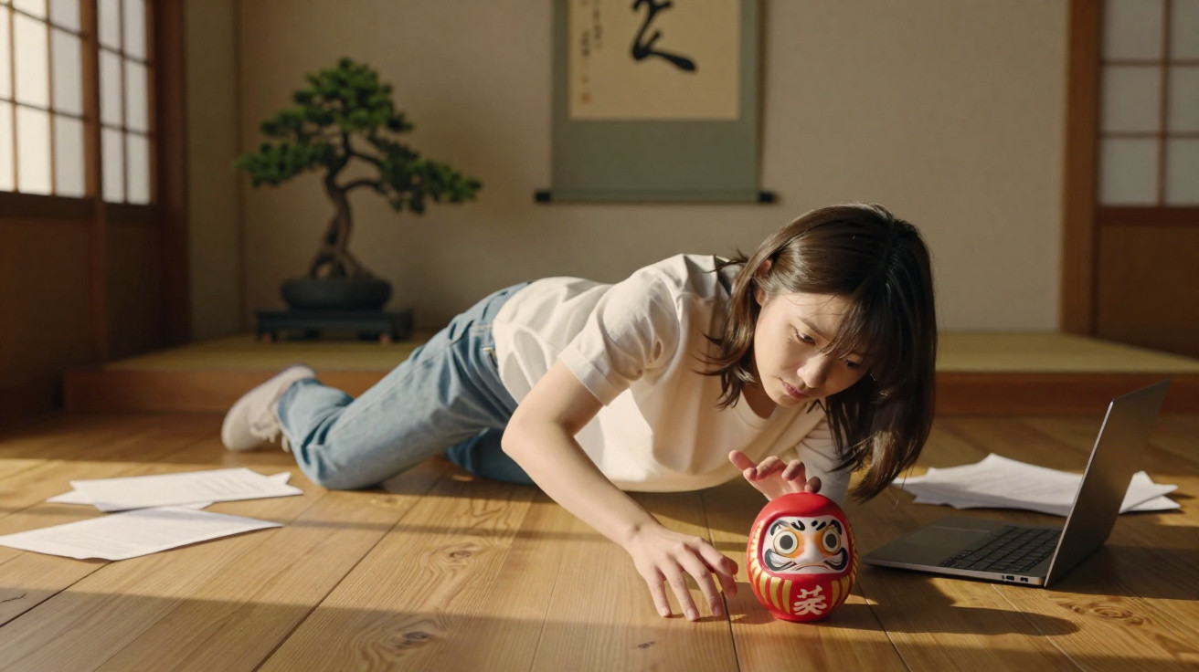 Frau liegt am Boden, hält eine rote Daruma-Puppe, daneben Laptop und verstreute Papiere in einem Tatami-Raum.